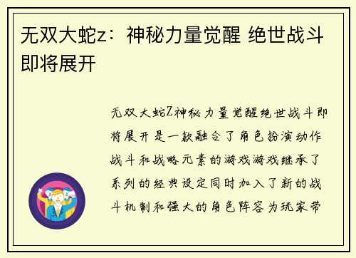无双大蛇z：神秘力量觉醒 绝世战斗即将展开